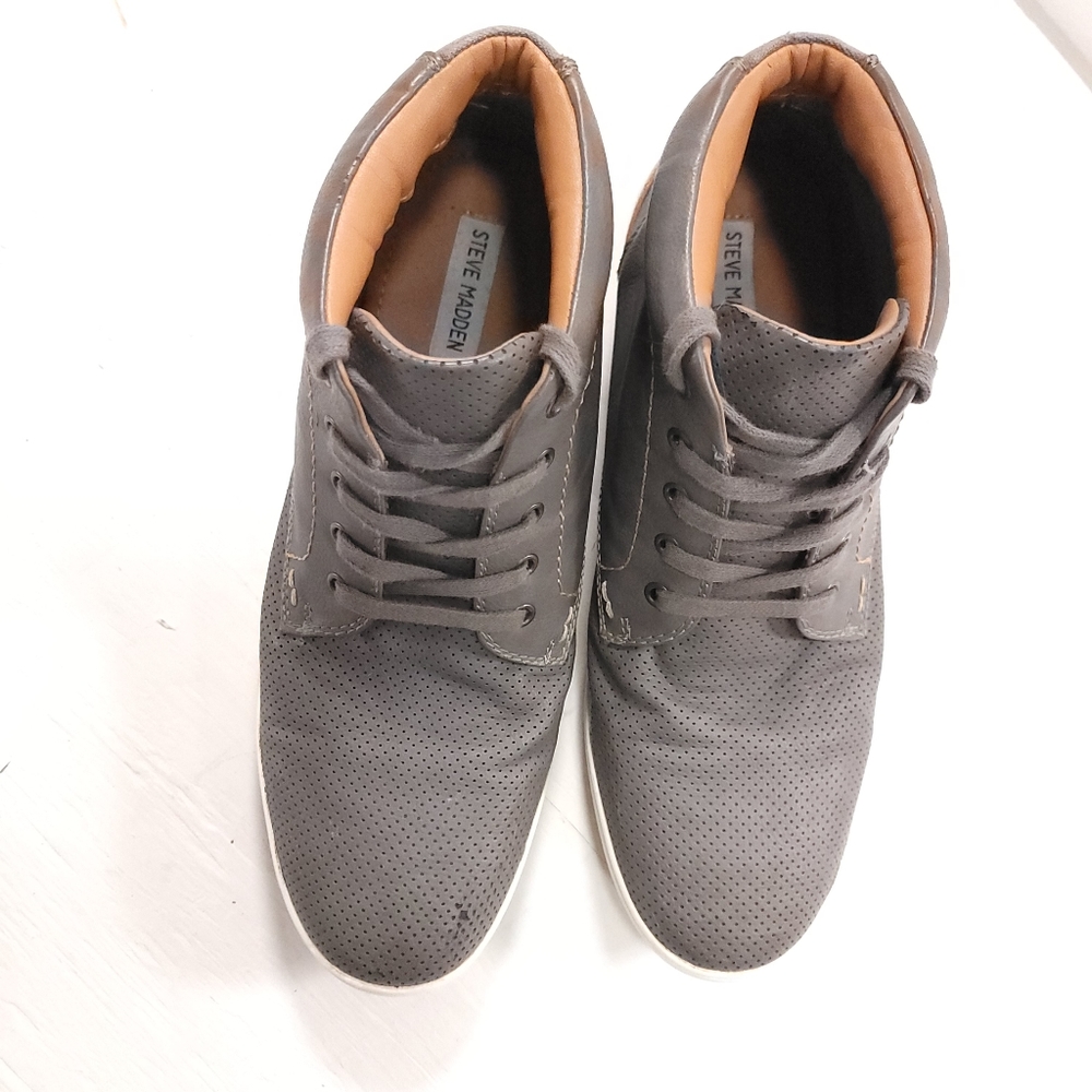 Steve Madden High Top Sneakers Gray Brown Faux Leather Chukka Mens Sz 10 - Picture 4 of 8